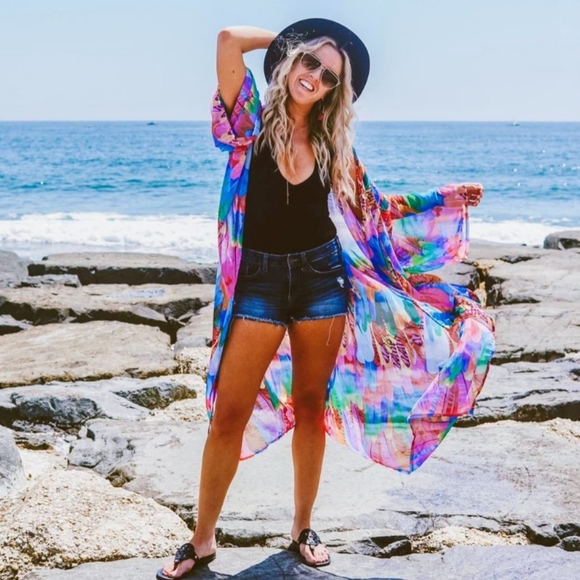 New Rainbow Feather Swim Cover Up Kimono Duster - Picture 4 of 10